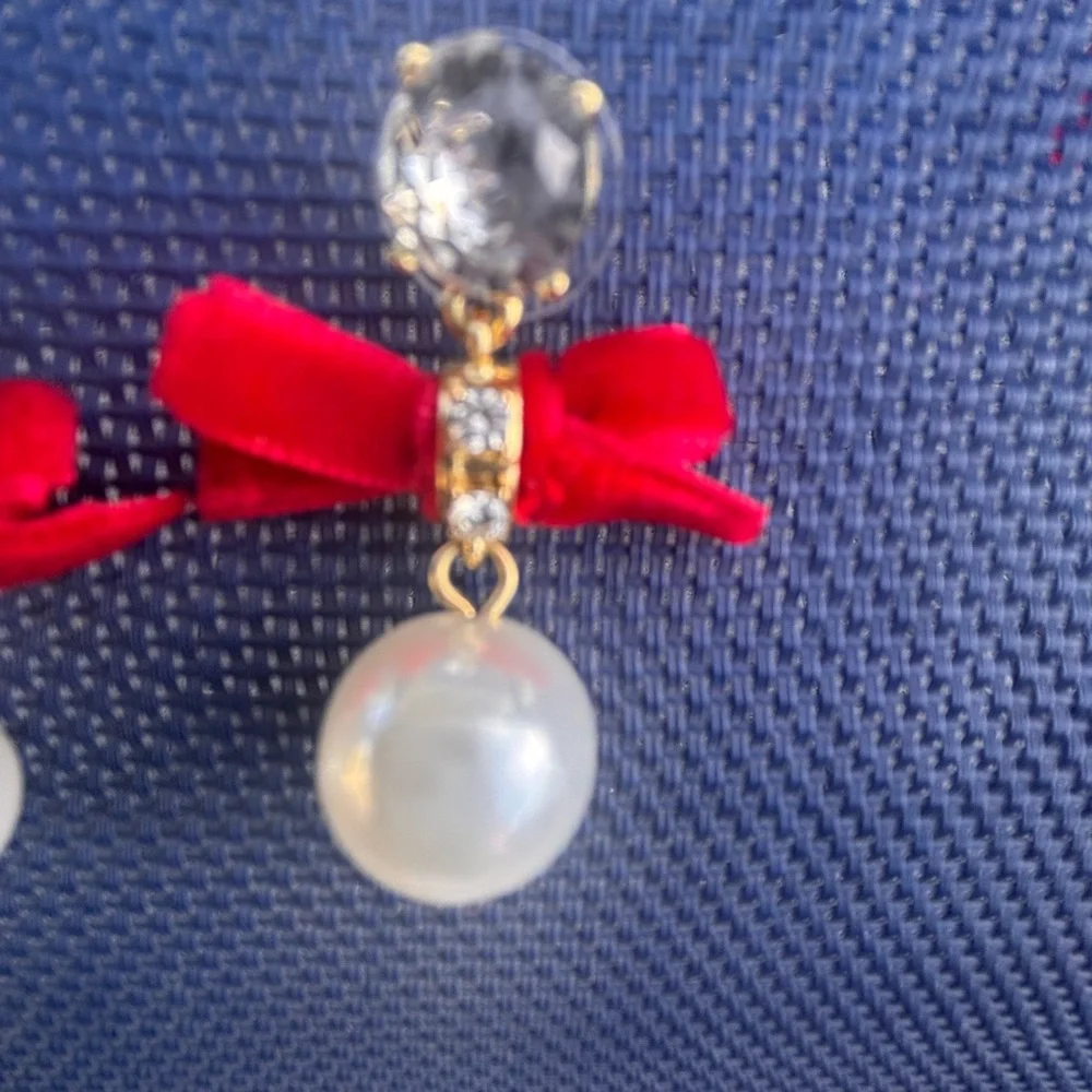 J. Crew Ruby Red and Gold Bow Pearl Drop Earrings